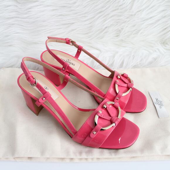 Valentino Hot Pink Patent Leather Silver V Logo Open Toe Kitten Heels - Picture 3 of 12